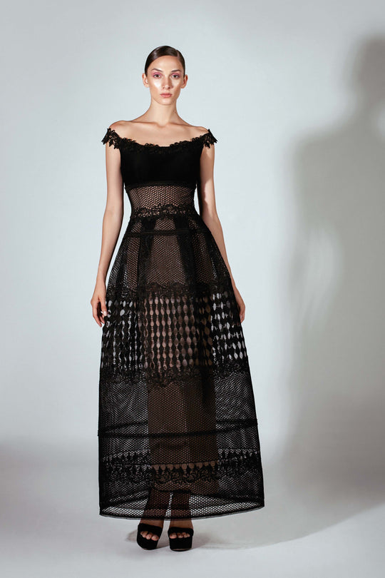 Beside Couture by Gemy - BC 1468 Off-Shoulder Mesh A-line Dress In Black