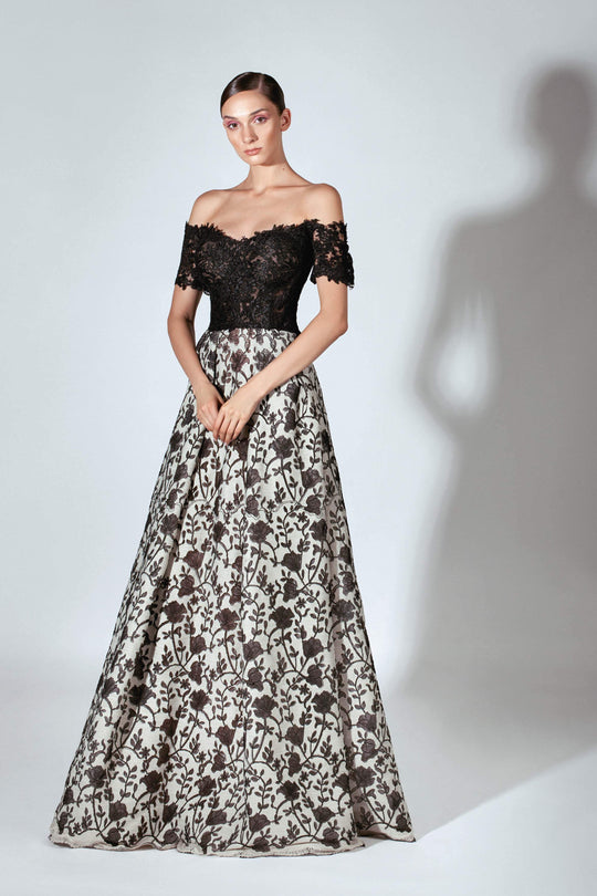 Beside Couture by Gemy - BC 1472 Embroidered Lace Off-Shoulder Dress In Gray and Black