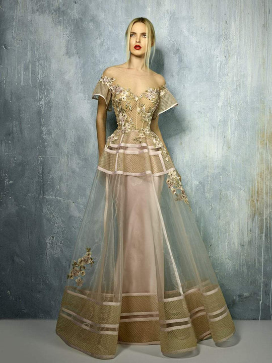 Beside Couture By Gemy - BC1249 Lattice Floral Embroidered Ballgown In Pink and Gold