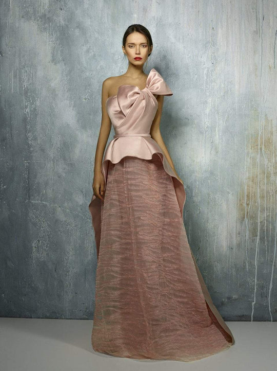 Beside Couture By Gemy - BC1250 Strapless Ribbon Accented Peplum Gown In Pink