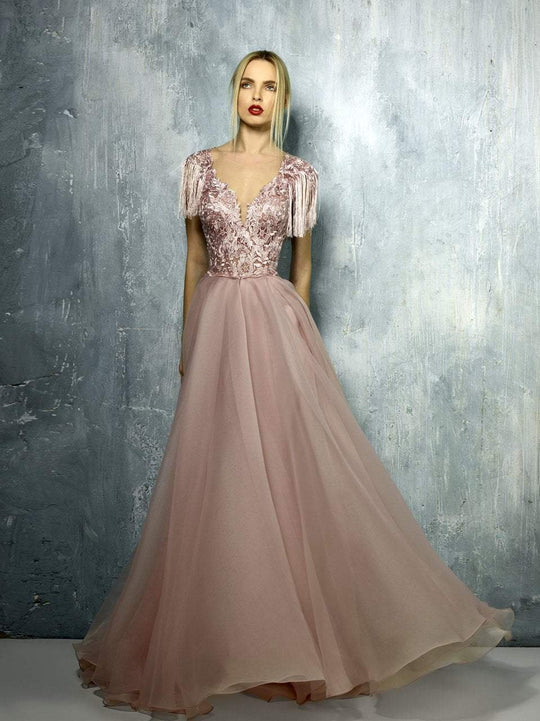 Beside Couture By Gemy - BC1252 Fringed Sleeves Lace Plunging Gown In Pink