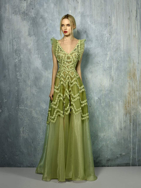 Beside Couture By Gemy - BC1256 Floral Embroidered Pleated Dress In Green