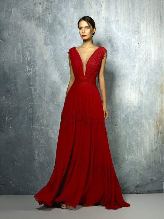 Beside Couture By Gemy - BC1268 Ruched Plunging Cap Sleeves Dress In Red