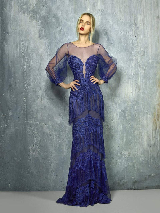 Beside Couture By Gemy - BC1269 Sheer Embroidered Plunging Dress In Blue