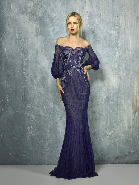 Beside Couture By Gemy - BC1270 Lace Embroidered Sheer Off Shoulder Dress In Blue