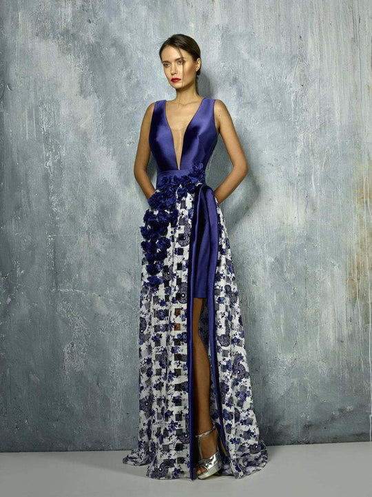 Beside Couture By Gemy - BC1272 Deep V-neck Floral Applique Dress In Blue and Print