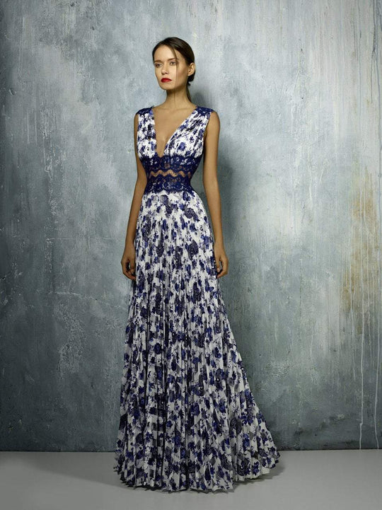 Beside Couture By Gemy - BC1273 Floral Printed Lace V-neck Dress In Blue and Print