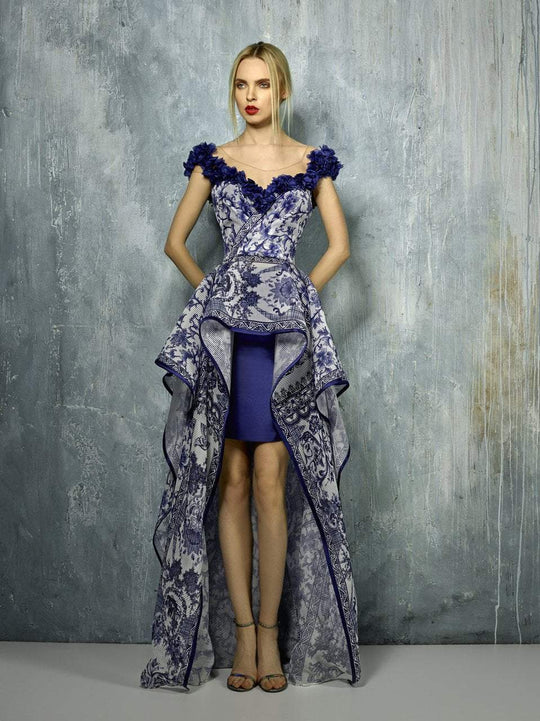 Beside Couture By Gemy - BC1274 Floral Applique High Low Ruffled Dress In Blue and Print