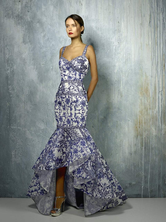 Beside Couture By Gemy - BC1275 Floral Printed V-neck High Low Dress In Blue and Print