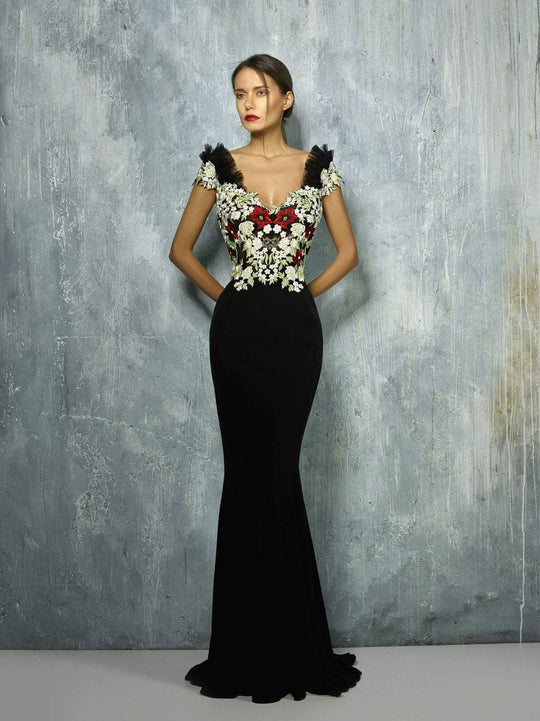 Beside Couture By Gemy - BC1276 Floral Embroidered V-neck Dress In Black and Multi-Color