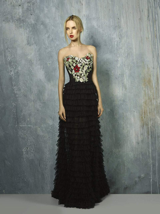Beside Couture By Gemy - BC1277 Floral Embroidered Ruffled Dress In Black and Multi-Color