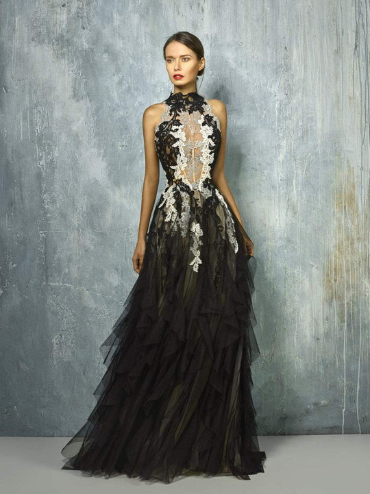 Beside Couture By Gemy - BC1278 Beaded Lace Ruffled A-line Dress In Black and White