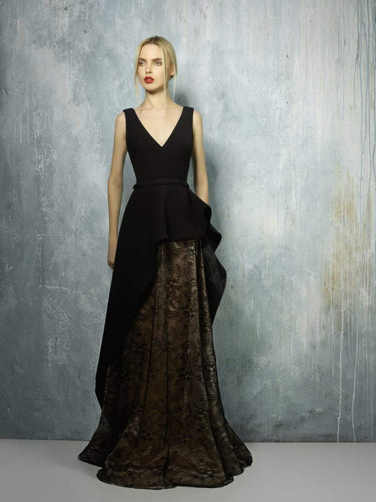 Beside Couture By Gemy - BC1281 T + LS V Neck Top With Lace Skirt In Black