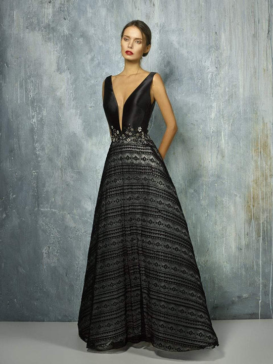 Beside Couture By Gemy - BC1282 Deep V-neck Lace A-line Dress In Black