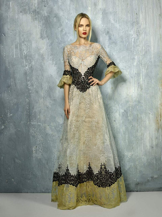 Beside Couture By Gemy - BC1285 Lace Illusion Bateau A-line Dress In Silver and Gold
