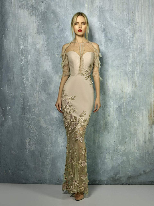Beside Couture By Gemy - BC1290 Floral Embellished Fitted Gown In Neutral