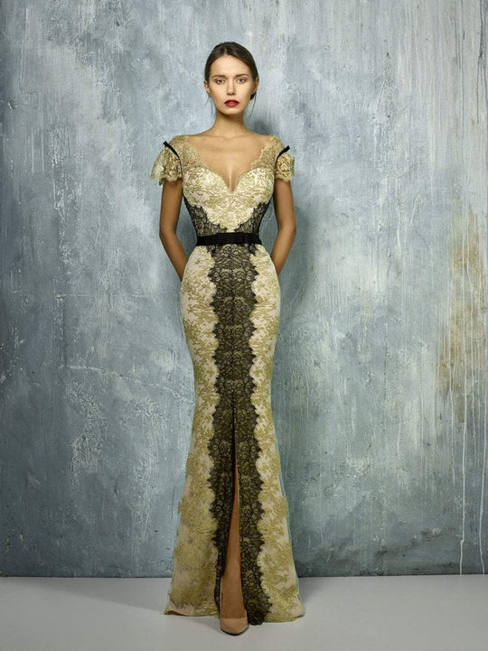 Beside Couture By Gemy - BC1294 V-neck Lace Fitted Gown In Gold, Black