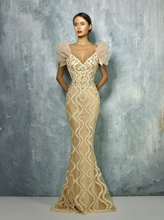 Beside Couture By Gemy - BC1296 Wide Ruffled Shoulder Mermaid Gown In Neutral