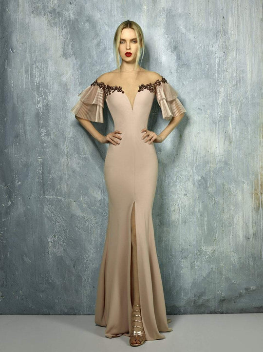 Beside Couture By Gemy - BC1297 Off Shoulder Dress With Sleeves In Neutral