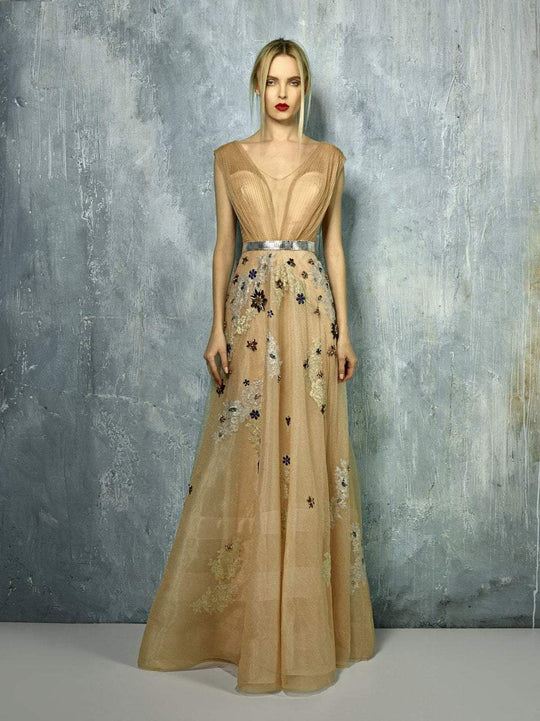 Beside Couture By Gemy - BC1299 Wide Neck Sheer Floral Applique Gown In Neutral and Silver