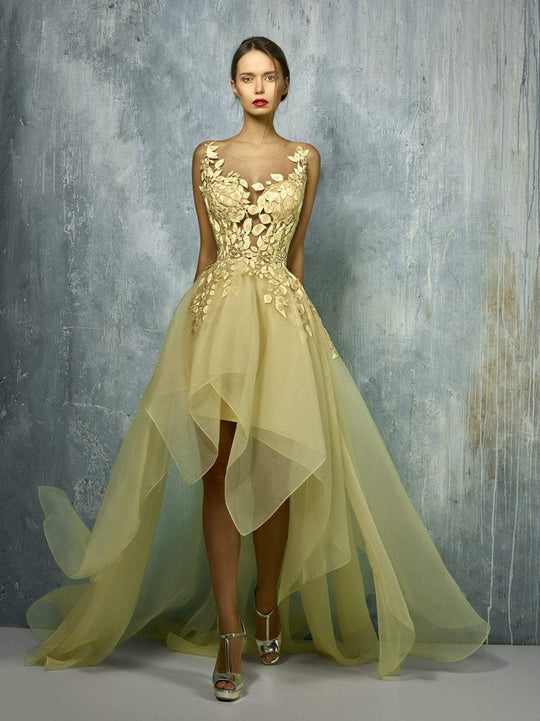 Beside Couture By Gemy - BC1302 Sheer Illusion Applique Hi-Lo Gown In Yellow