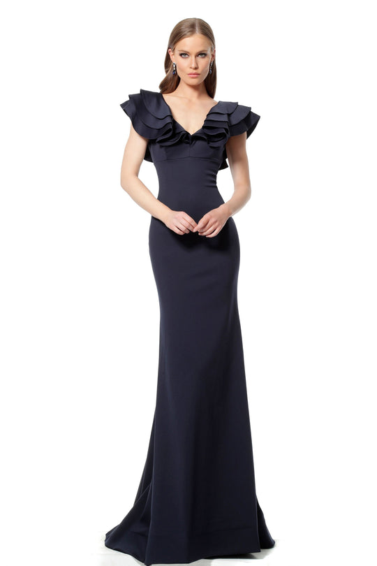 Jovani - 68793 Ruffle Detailed V-neck Trumpet Dress In Blue