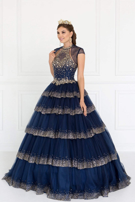 Elizabeth K - GL1591 Bejeweled Halter Ballgown With Bolero In Blue