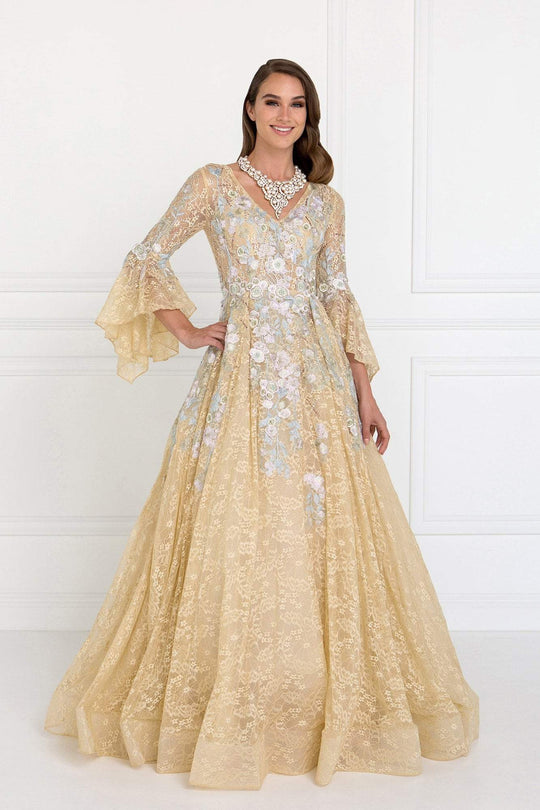 Elizabeth K - GL1592 Flounce Sleeve Floral Embroidered Lace Ballgown In Nude