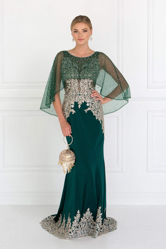 Elizabeth K - GL1595 Embroidered Bateau Jersey Trumpet Dress In Green