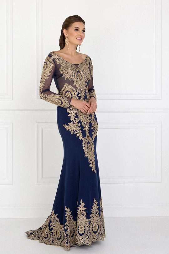 Elizabeth K - GL1597 Illusion Long Sleeve Gilded Lace Sheath Gown In Blue