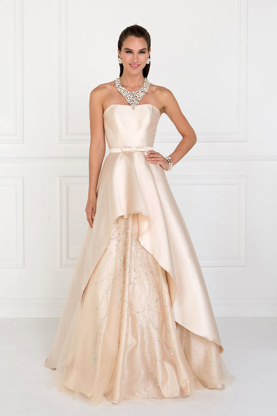 Elizabeth K - Strapless Jewel-Adorned Mikado Gown GL2429 In Neutral