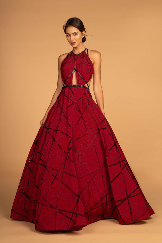 Elizabeth K - GL2502 Embellished Halter Jacquard Ballgown In Red