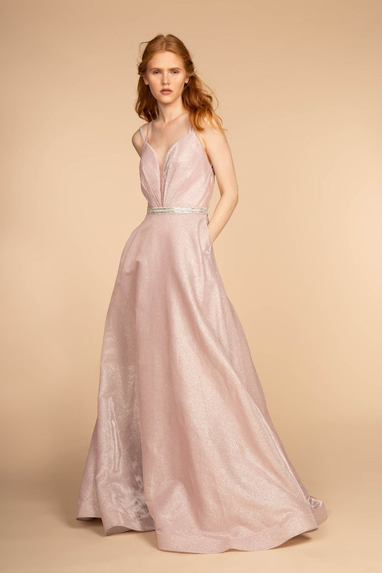 Elizabeth K - GL2504 Pleated Plunging Bodice Glitter Long Gown In Pink
