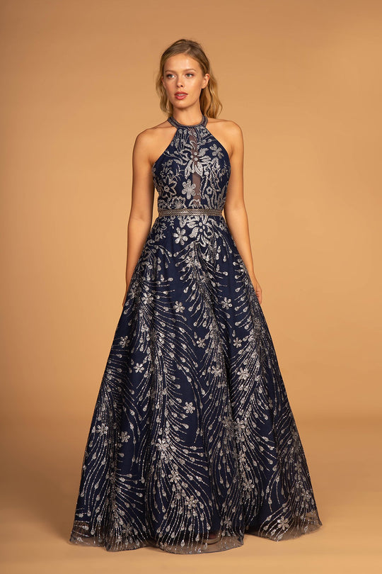 Elizabeth K - GL2508 Glitter Print Illusion Paneled Halter Gown In Blue