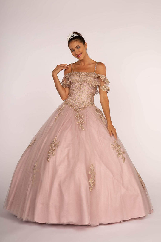 Elizabeth K - GL2510 Ruffled Off Shoulder Mesh Ballgown In Neutral and Purple