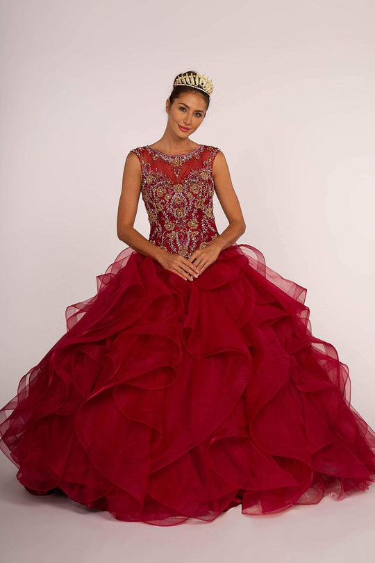 Elizabeth K - GL2511 Beaded Cap Sleeve Ruffled Ballgown In Red