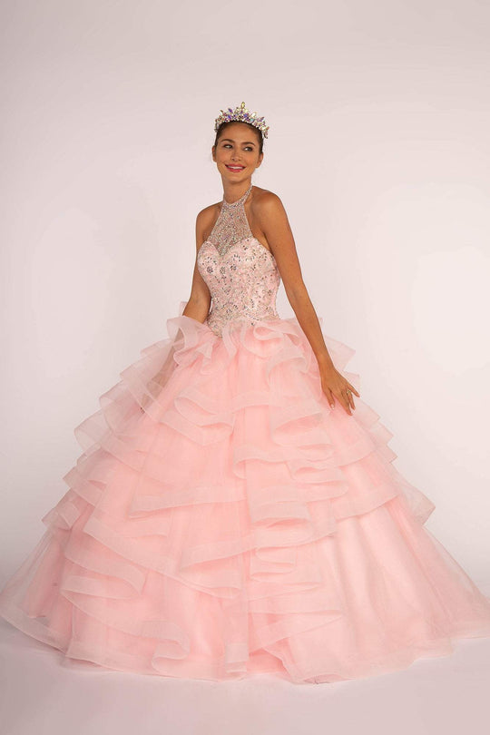 Elizabeth K - GL2512 Ornate Illusion High Halter Ruffled Ballgown In Pink