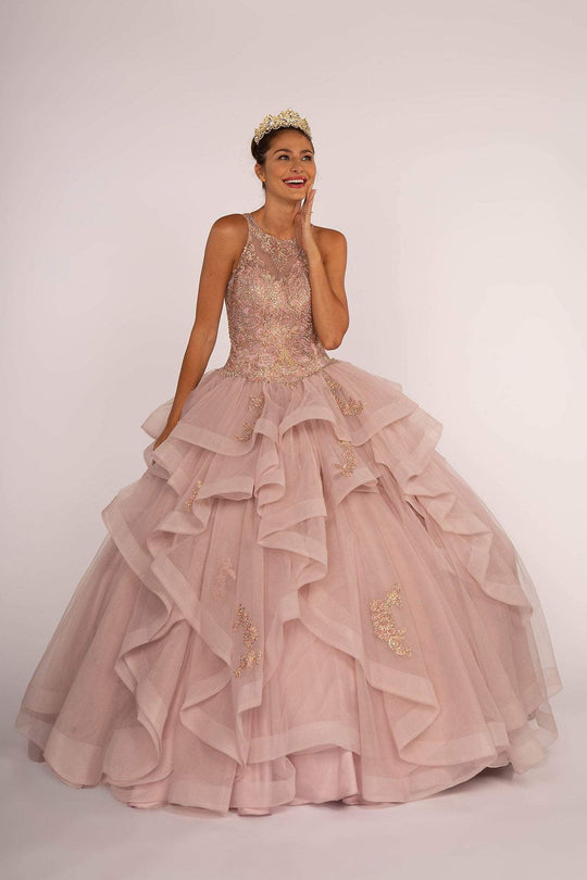 Elizabeth K - GL2513 Illusion Jewel-Ornate Appliqued Ballgown In Pink