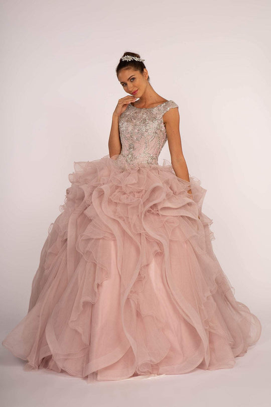 Elizabeth K - GL2514 Cap Sleeve Metallic Beaded Cascading Ballgown In Pink