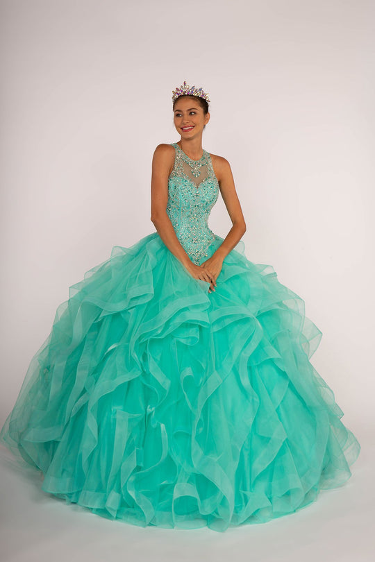 Elizabeth K - GL2518 Beaded Illusion Jewel Ballgown In Blue