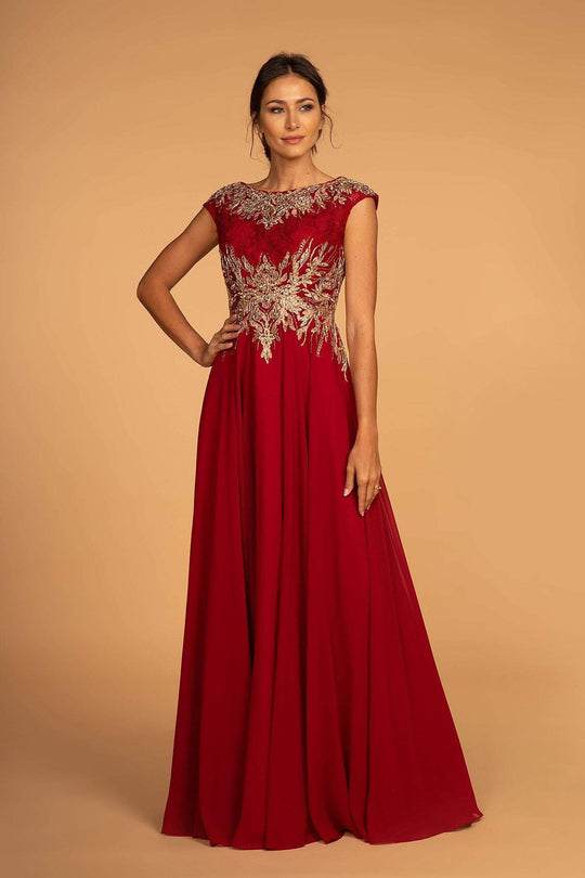 Elizabeth K - GL2519 Lace Embroidered Bateau Chiffon A-line Dress In Red