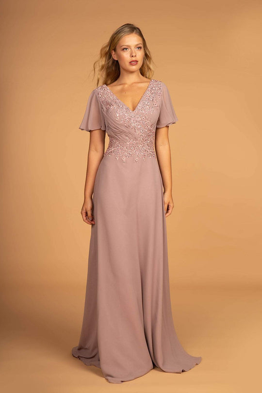 Elizabeth K - GL2520 Embroidered V-Neck A-Line Evening Gown In Purple
