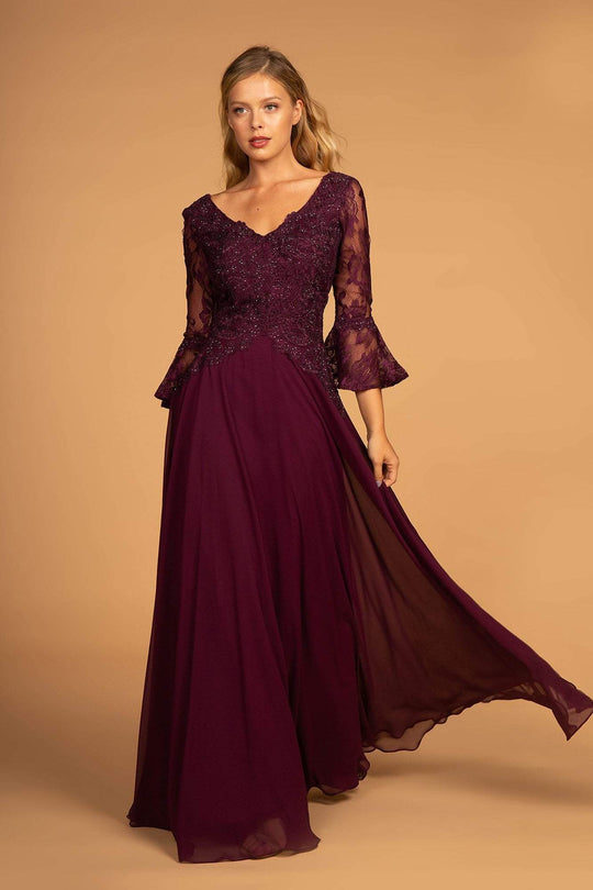 Elizabeth K - GL2521 Embellished V-Neck Quarter Length Sleeves Gown In Purple