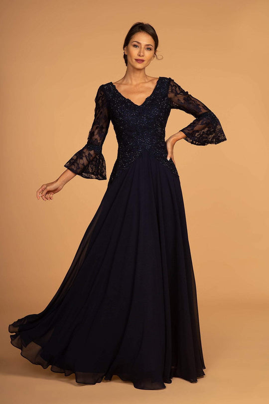 Elizabeth K - Embellished V-Neck Quarter Length Sleeves GL2521  In Blue