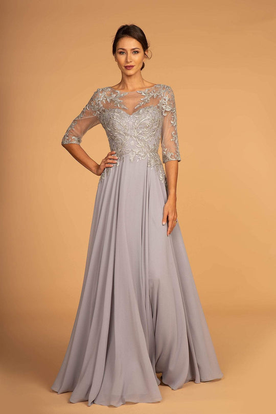 Elizabeth K - GL2524 Embroidered Quarter Length Sleeve Chiffon Dress In Silver