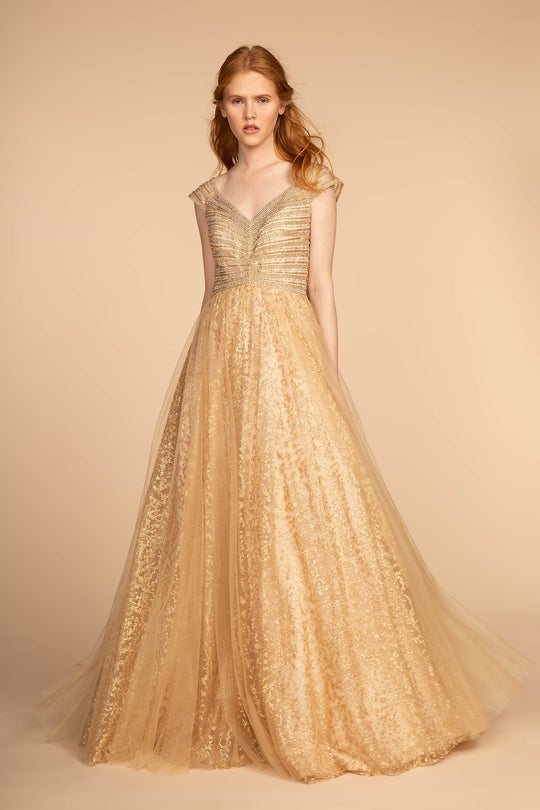 Elizabeth K - GL2526 Cap Sleeve Jewel Adorned Bodice A-Line Gown In Gold