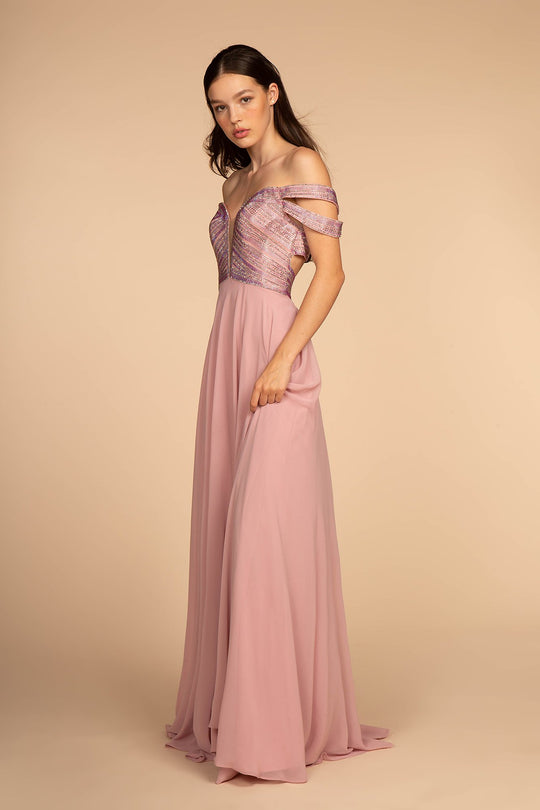 Elizabeth K - GL2527 Jeweled Bodice Plunging Off Shoulder Gown In Purple