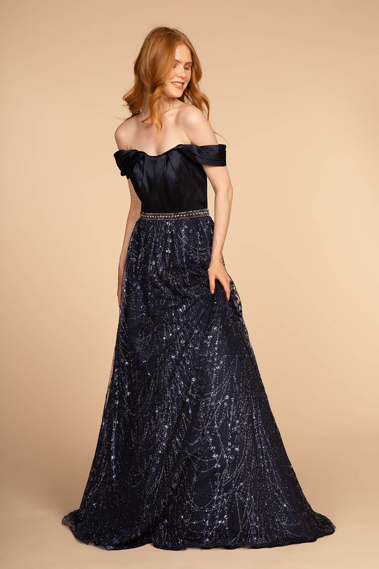 Elizabeth K - GL2530 Embellished Pleated Off-Shoulder A-line Dress In Blue