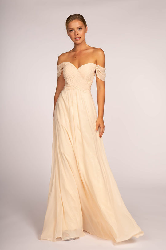 Elizabeth K - GL2550 Pleated Off-Shoulder Chiffon A-line Dress In Neutral
