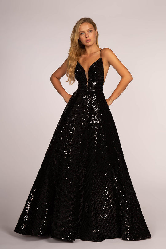 Elizabeth K - GL2581 Allover Sequin Sexy Open Back A-Line Gown In Black